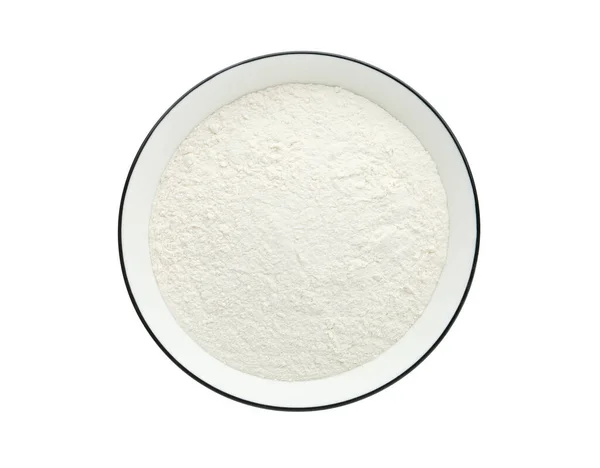 Organiskt mjöl i skål isolerad på vitt, ovanifrån — Stockfoto