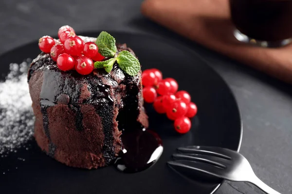 Delicious Warm Chocolate Lava Cake Mint Berries Table Closeup — 스톡 사진