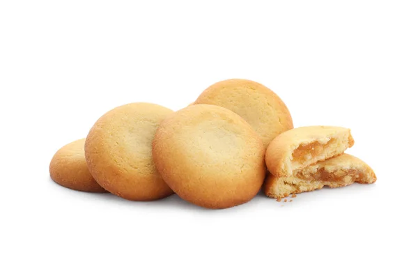 Tasty fresh shortbread cookies with filling isolated on white — 스톡 사진