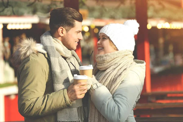 Happy Couple Warm Clothes Drinks Winter Fair Christmas Season — Stock Photo, Image