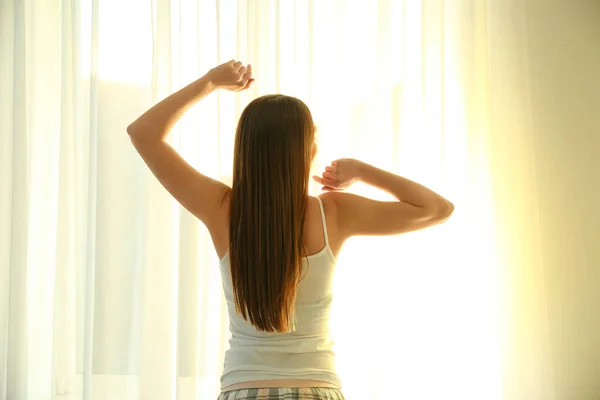 Young Woman Stretching Window Home Lazy Morning — 스톡 사진