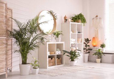 Modern banyonun içinde yeşil bitkiler var.