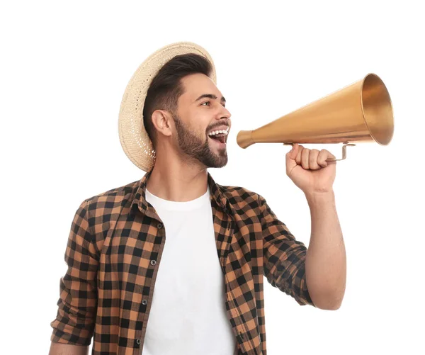 Jovem Com Megafone Sobre Fundo Branco — Fotografia de Stock