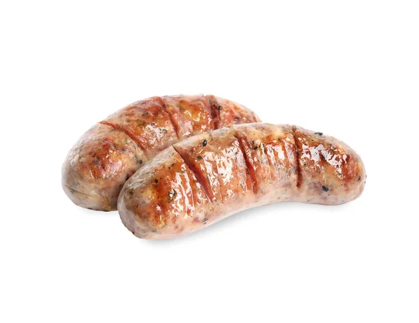 Tasty fresh grilled sausages isolated on white — 스톡 사진