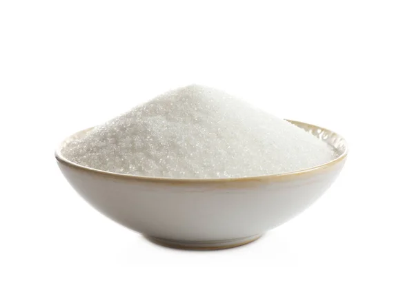 Sucre granulé dans un bol isolé sur blanc — Photo
