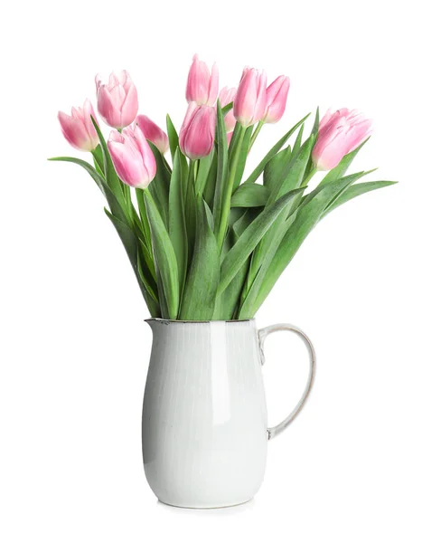 Krásné růžové jarní tulipány ve váze izolované na bílém — Stock fotografie
