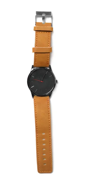 Elegante reloj de pulsera aislado en blanco, vista superior — Foto de Stock
