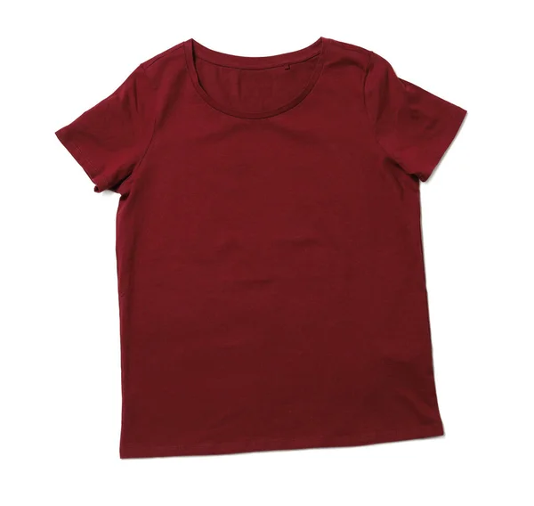 Modern dark red t-shirt isolated on white, top view — 스톡 사진