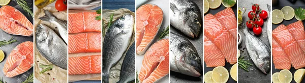 Collage Con Salmón Crudo Fresco Dorada Delicioso Pescado —  Fotos de Stock
