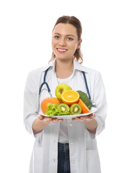 Nutricionista con frutas y verduras sobre fondo blanco — Foto de Stock
