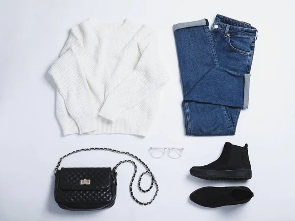 Stylish Outfit Jeans White Background Top View — 스톡 사진