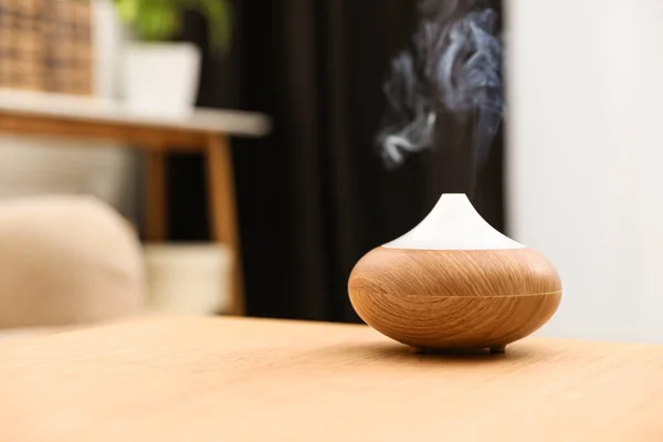 Aroma Oil Diffuser Wooden Table Home Space Text Air Freshener — Stock Photo, Image