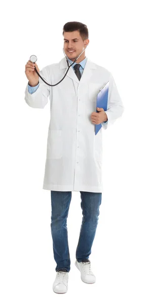 Portrait of doctor with clipboard and stethoscope on white backg — Stock Photo, Image