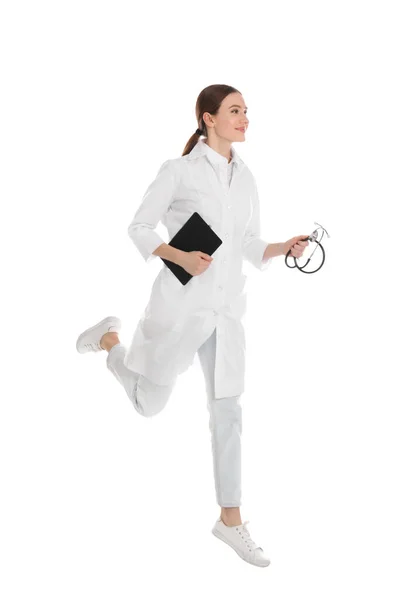 Доктор з кишені, що працює на білому тлі — стокове фото