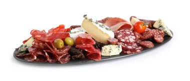 Lezzetli jambonlu tabak ve Whit 'e izole edilmiş diğer lezzetler.