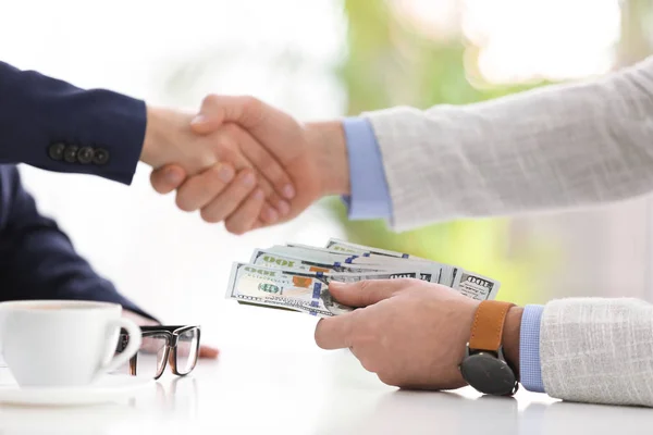 Man Shaking Hands Woman Offering Bribe Table Office — Stock Photo, Image