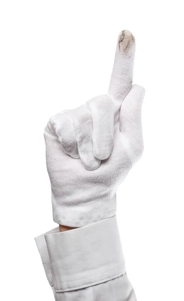 Persona in guanto bianco che mostra polvere sul dito contro grigio chiaro — Foto Stock