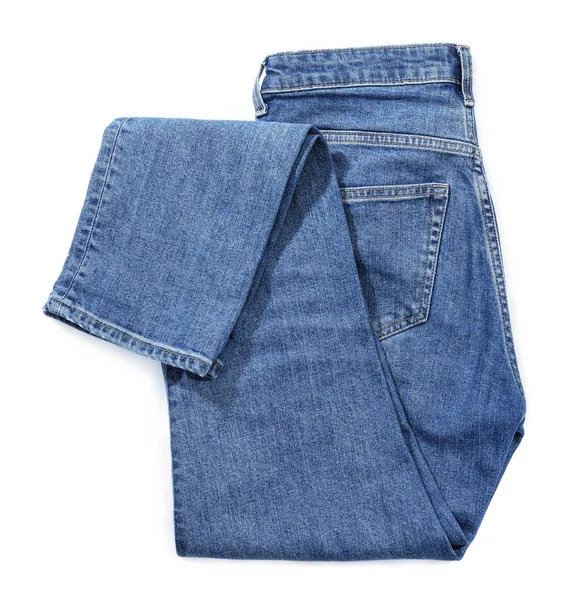 Nieuwe Stijlvolle Jeans Geïsoleerd Wit Bovenaanzicht — Stockfoto