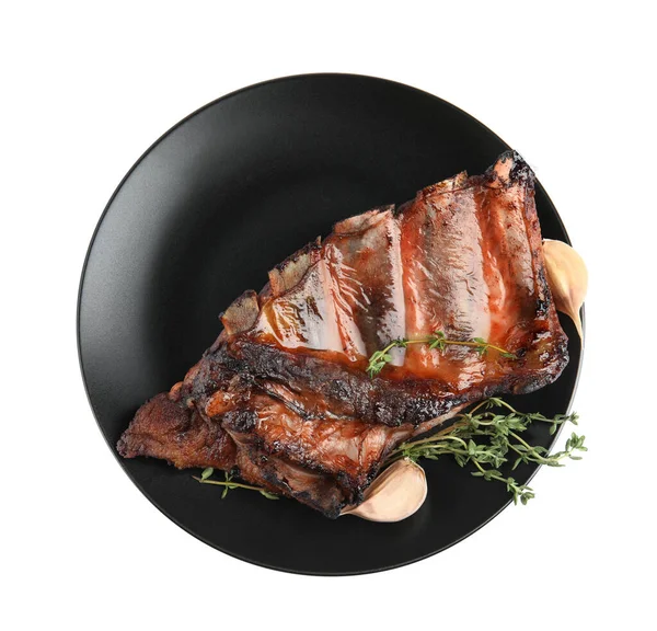 Tasty Grilled Ribs Thyme Garlic Isolated White Top View — 스톡 사진