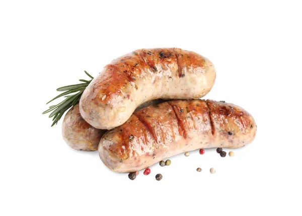 Grilled sausages and rosemary isolated on white — 스톡 사진