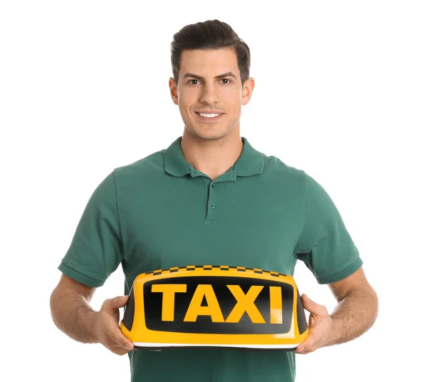 白い背景にタクシーの標識を持つ男 — ストック写真