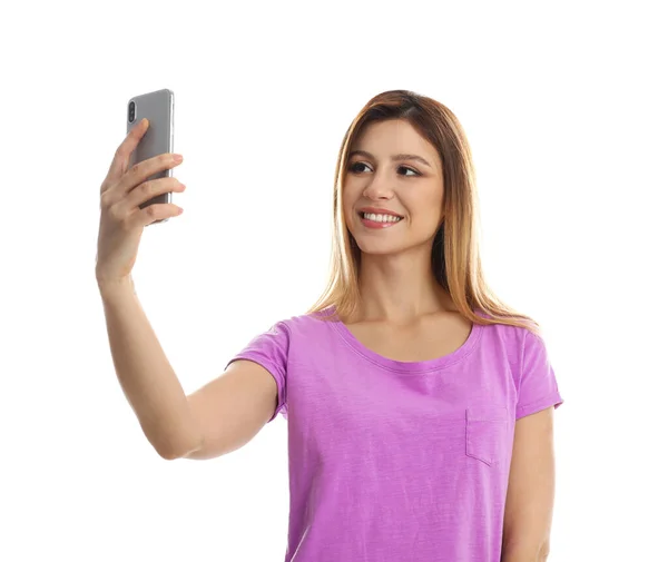 Jovem Mulher Tomando Selfie Fundo Branco — Fotografia de Stock