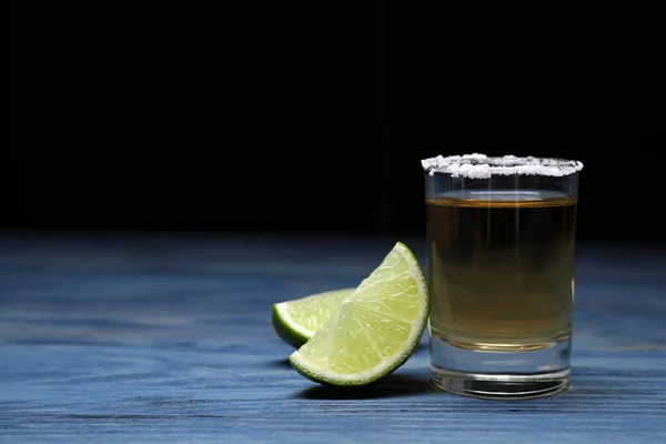 Mexican Tequila Shot Salt Lime Blue Wooden Table Space Text — 스톡 사진