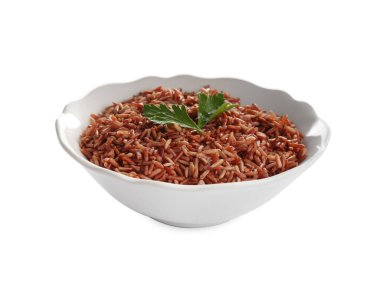Delicious brown rice in bowl isolated on white
