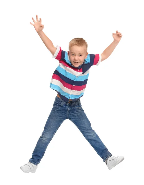 Niedlicher kleiner Junge springt auf weißem Hintergrund — Stockfoto