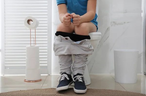 Boy Suffering Hemorrhoid Toilet Bowl Rest Room Closeup — Stock Photo, Image