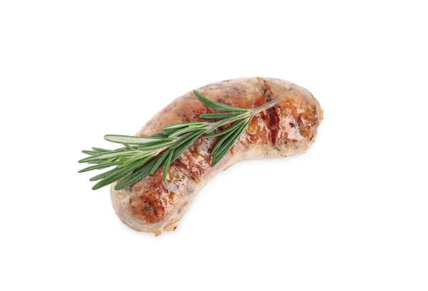 Grilled sausage and rosemary isolated on white, top view — 스톡 사진