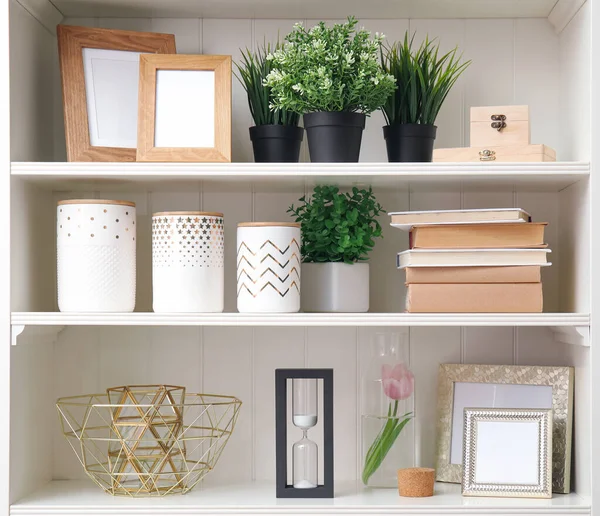 White Shelving Unit Plants Different Decorative Stuff — Stock Photo, Image