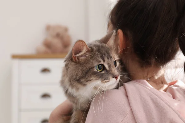 Little girl with cute cat at home. First pet — 스톡 사진