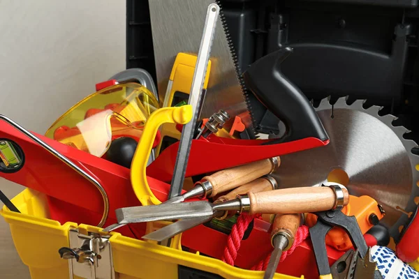 Box with different carpenter's tools, closeup view — Stock Photo, Image