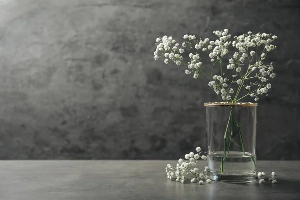 Gypsophila Flowers Vase Table Grey Background Space Text — 스톡 사진
