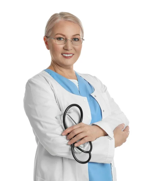 Mature doctor with stethoscope on white background — Stock Photo, Image