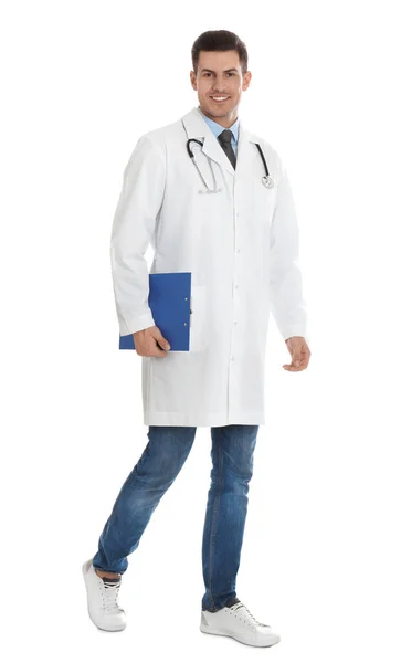 Doctor with clipboard walking on white background — Stock Photo, Image