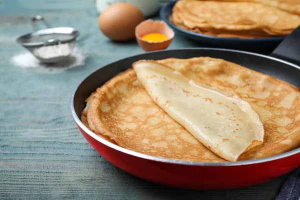 Delicious Thin Pancakes Blue Wooden Table Closeup — Stock Photo, Image