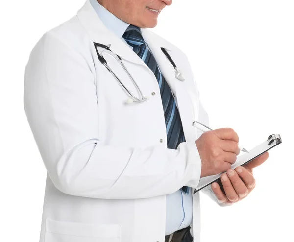 Senior doctor with clipboard on white background, closeup — 스톡 사진