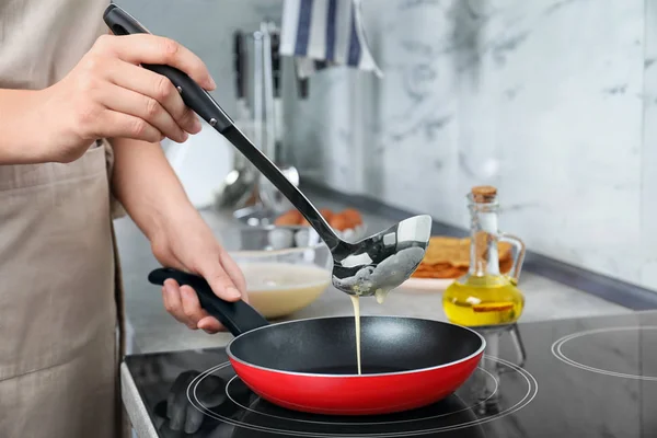 Woman Cooking Delicious Thin Pancakes Induction Stove Closeup — Stok fotoğraf