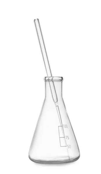 Frasco cónico con varilla aislada en blanco. Artículos de vidrio de laboratorio — Foto de Stock