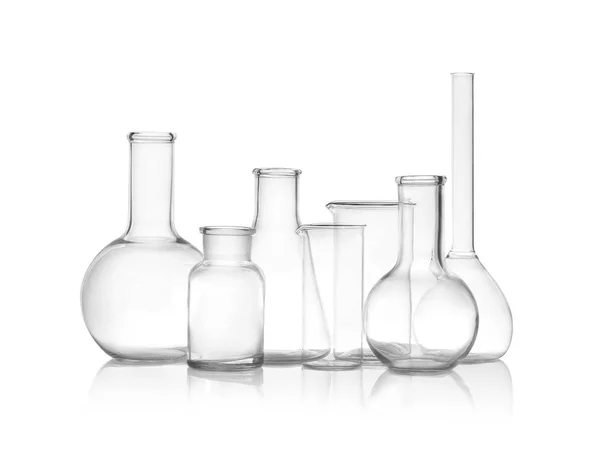 Clean empty laboratory glassware isolated on white — Stock Photo, Image