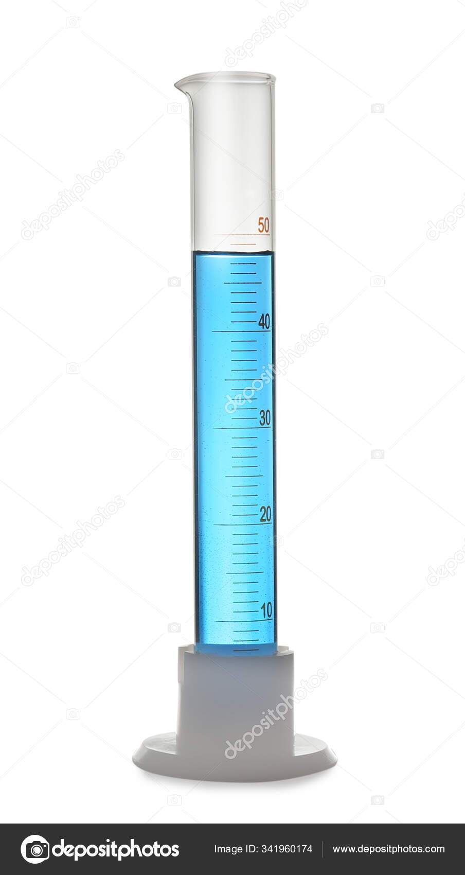 Graduated cylinder with light blue liquid isolated on white Stock Photo