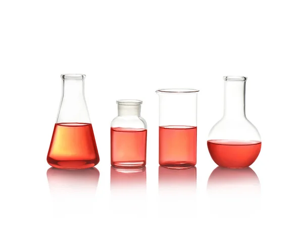 Different Laboratory Glassware Red Liquid Isolated White — Stok fotoğraf