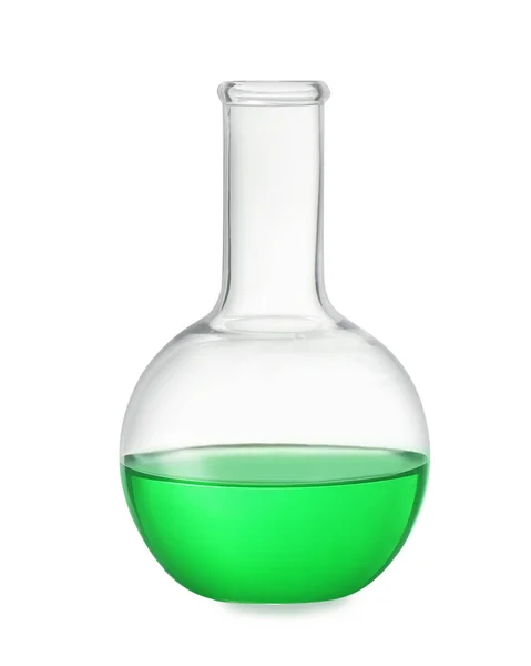 Florence flask with light green liquid isolated on white — 스톡 사진