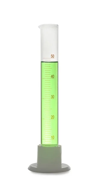 Graduated cylinder with light green liquid isolated on white — 图库照片