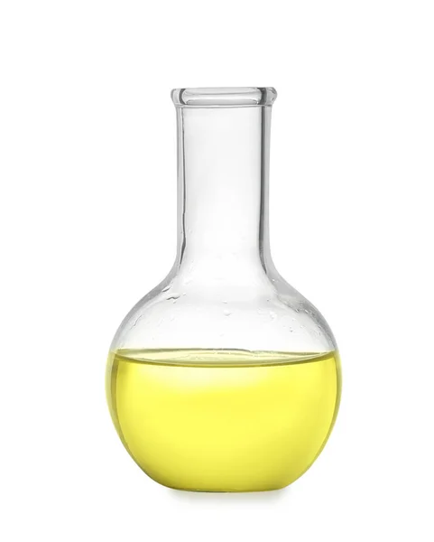 Florence flask with yellow liquid isolated on white — 스톡 사진