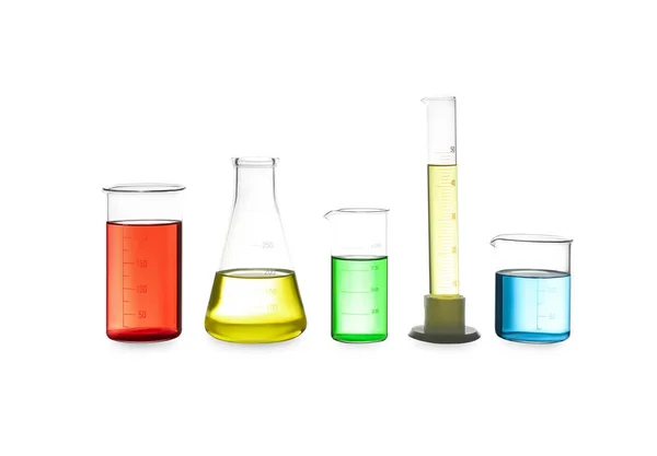 Different Laboratory Glassware Colorful Liquids Isolated White — Stock Photo, Image