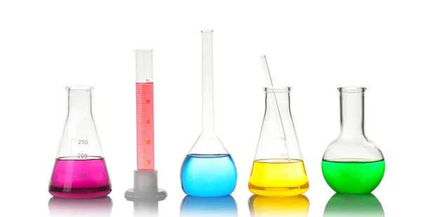 Different Laboratory Glassware Colorful Liquids Isolated White — Stock Photo, Image