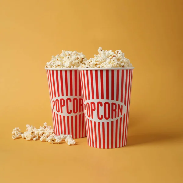 Delicious Popcorn Paper Cups Yellow Background — Stock Photo, Image